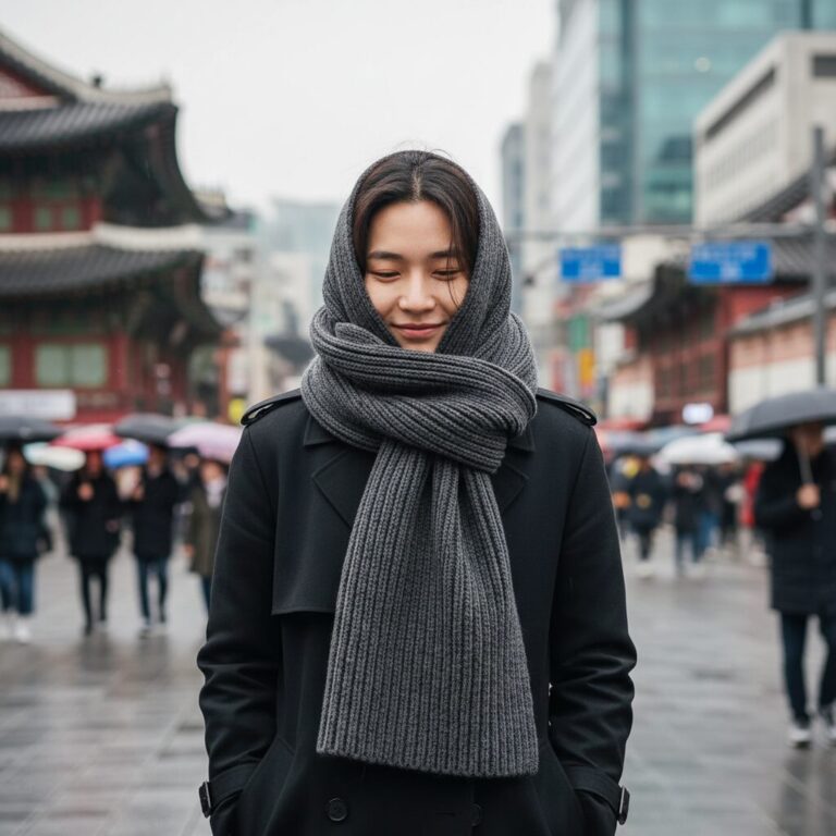 아크네스튜디오 그레이 머플러를 블랙 코트에 두른 스타일링 사진
