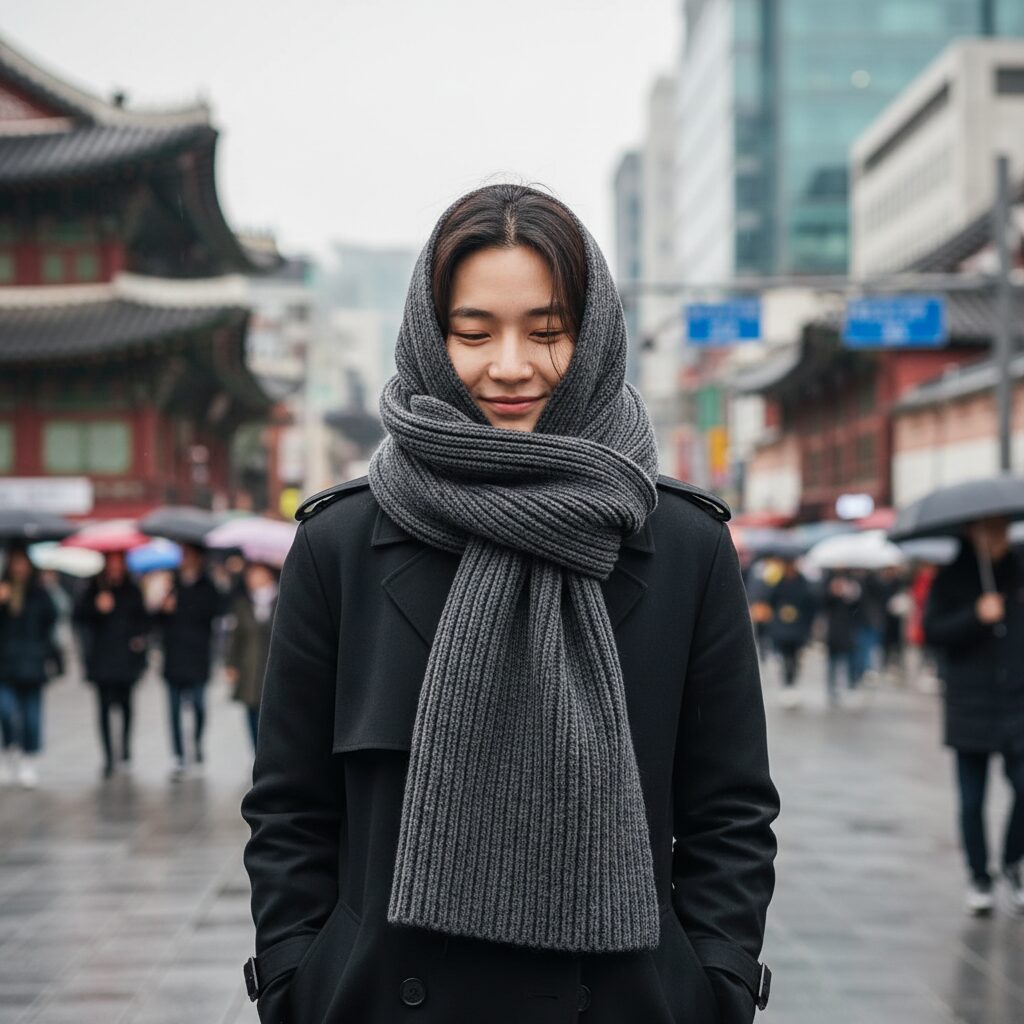 아크네스튜디오 그레이 머플러를 블랙 코트에 두른 스타일링 사진