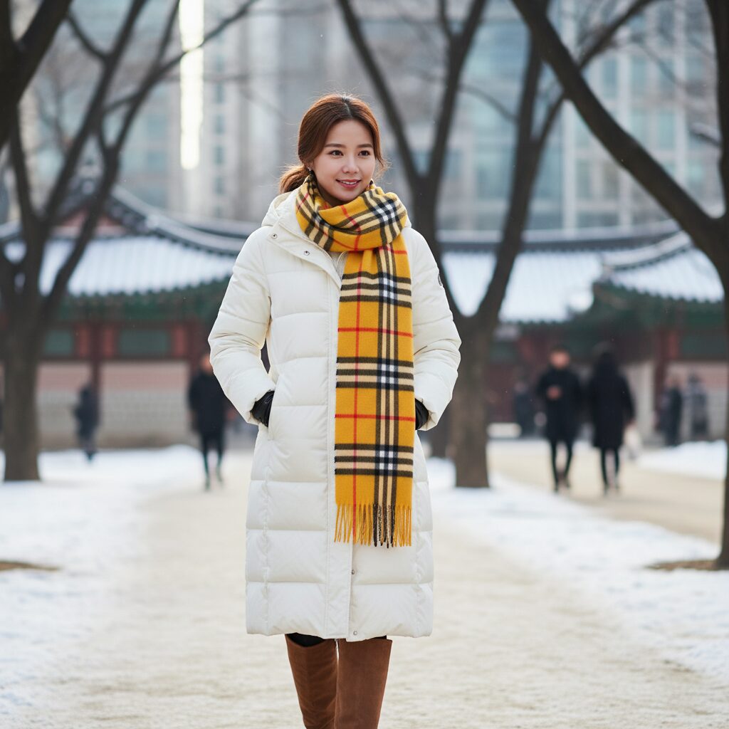 버버리 노란색 머플러를 흰색 패딩코트에 코디한 사진