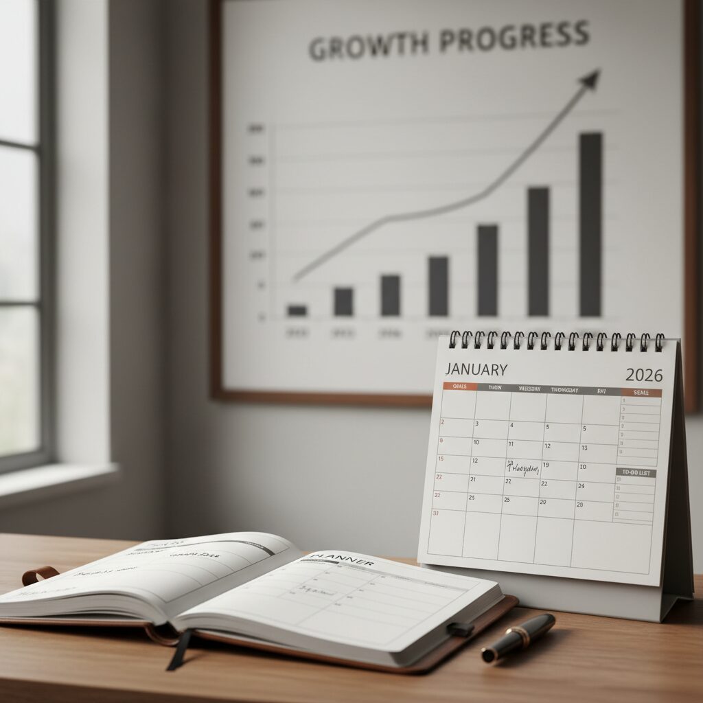 2026년부터 시작되는 다이어리와 계획표, 배경에는 성장 그래프가 보임