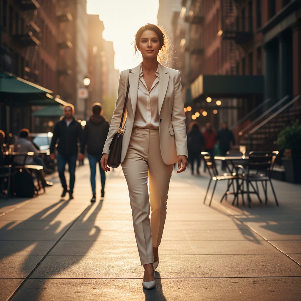 자세 교정으로 목과 어깨 통증을 해결하는 현실적인 방법 3 올바른 자세로 자신감 있게 걷는 여성의 모습