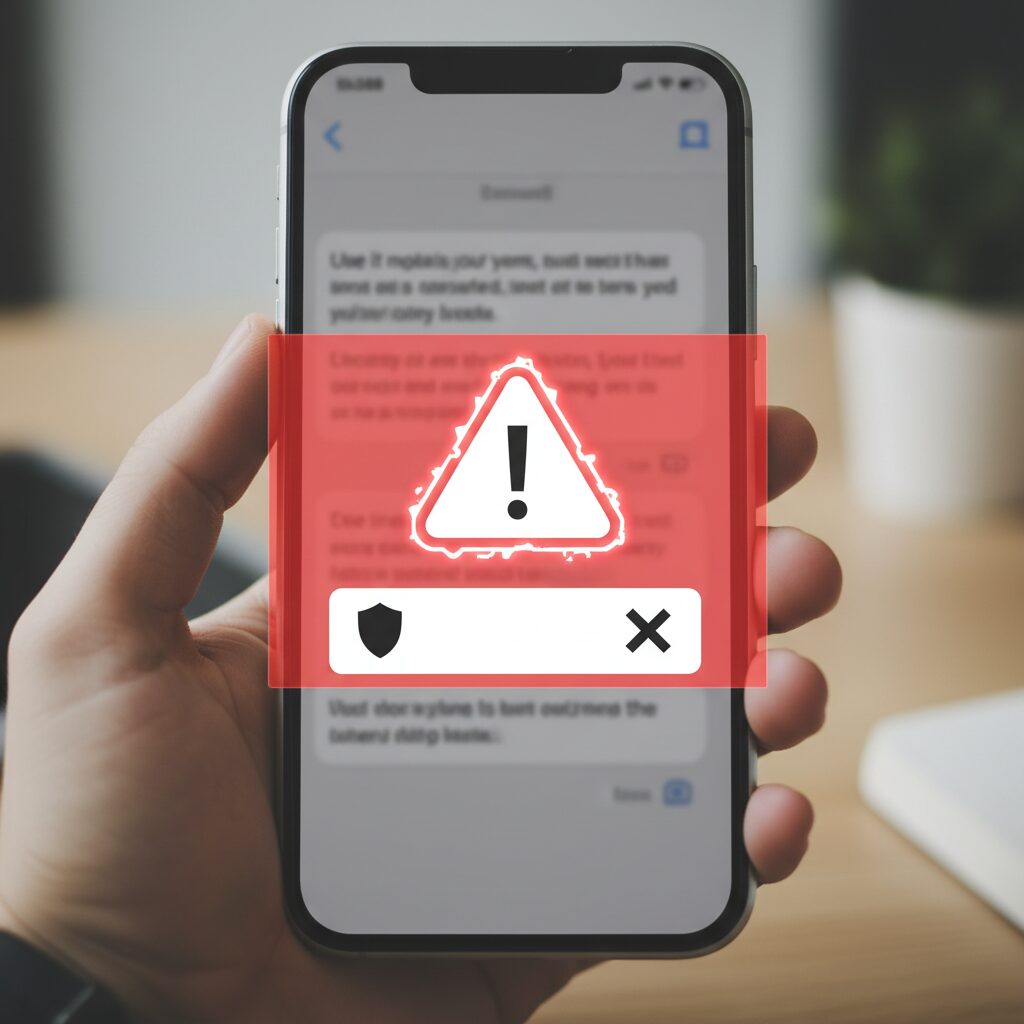 스마트폰 화면에 경고 표시와 함께 사기 문자를 차단하는 개념 이미지