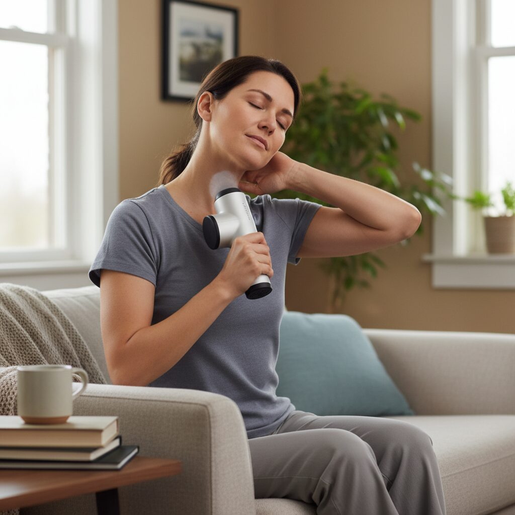 자세 교정으로 목과 어깨 통증을 해결하는 현실적인 방법 2 집에서 속근육 마사지기를 사용하여 목과 어깨 근육을 관리하는 모습