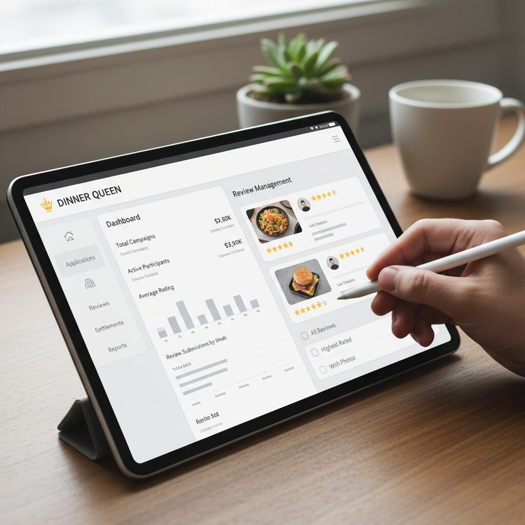 디너의여왕 체험단 사업자 대시보드와 리뷰 관리 화면