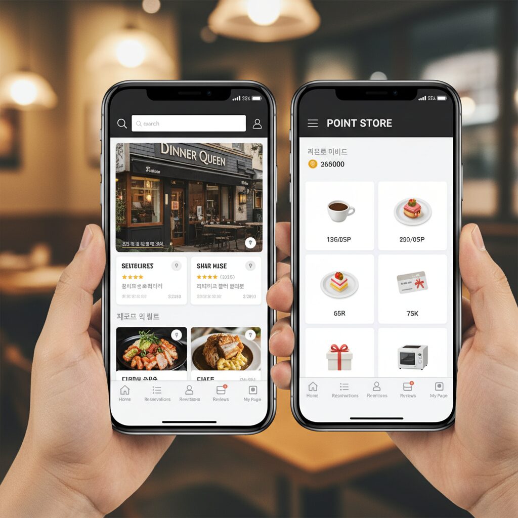 디너의여왕 앱 인터페이스와 포인트 스토어 화면