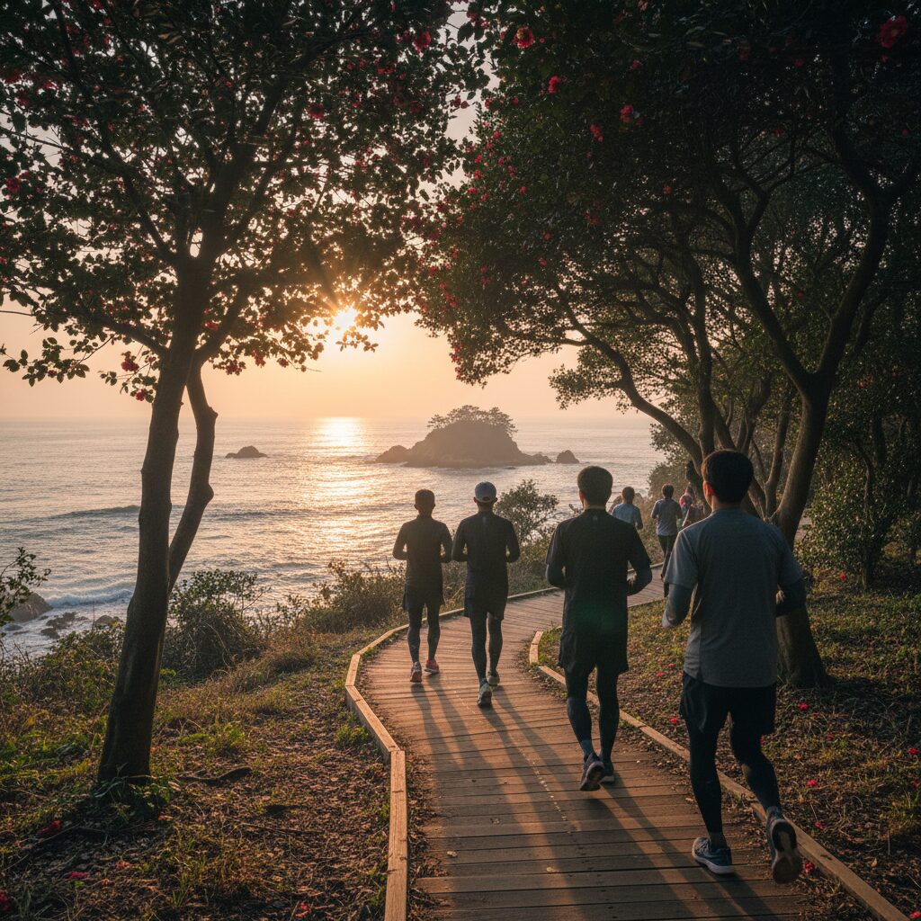 동백섬 둘레길에서 바다를 보며 달리는 러너들의 뒷모습과 아침 햇살