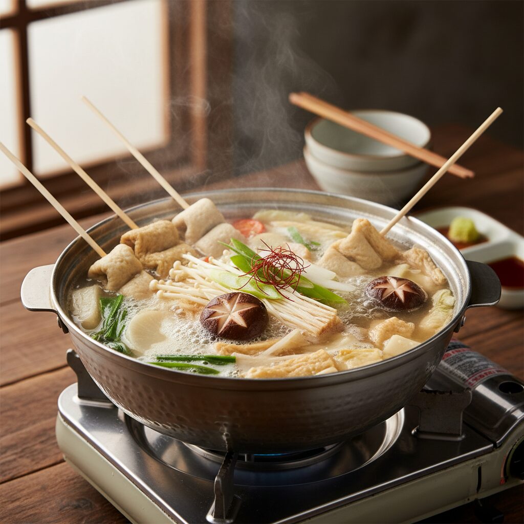 뜨거운 냄비에 끓고 있는 다양한 어묵과 야채가 들어간 어묵탕