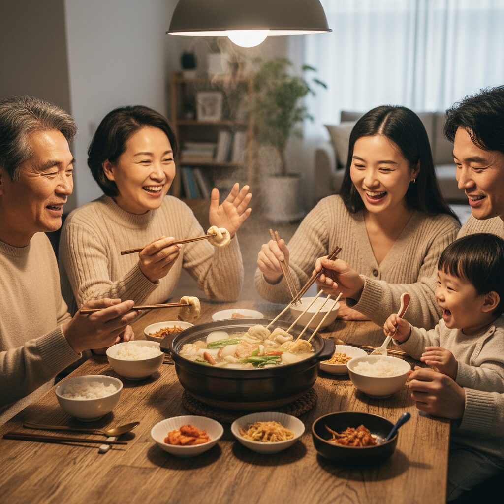 가족이 둘러앉아 함께 어묵탕을 먹으며 웃고 있는 모습