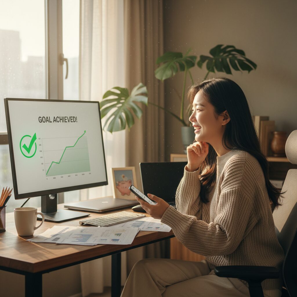 재무 목표를 달성하고 기뻐하는 젊은 여성