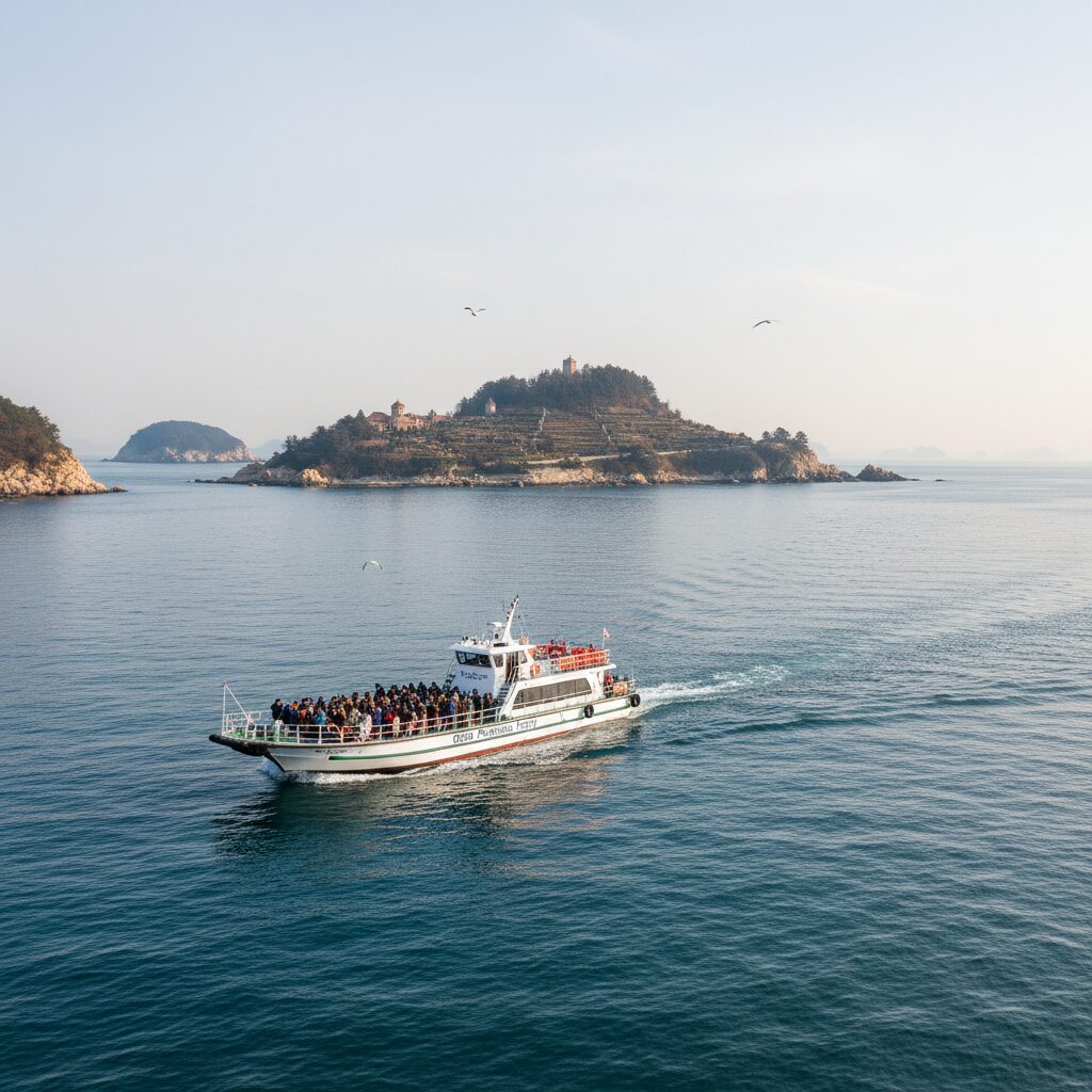 거제도 외도 행 유람선과 잔잔한 겨울 바다 풍경