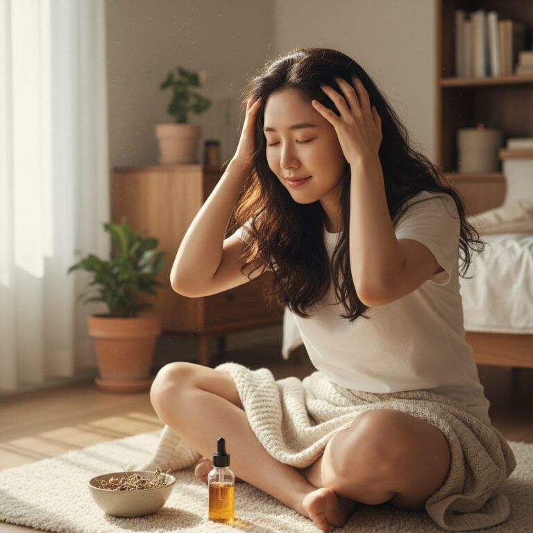 집에서 부드럽게 두피 마사지를 하는 여성의 모습