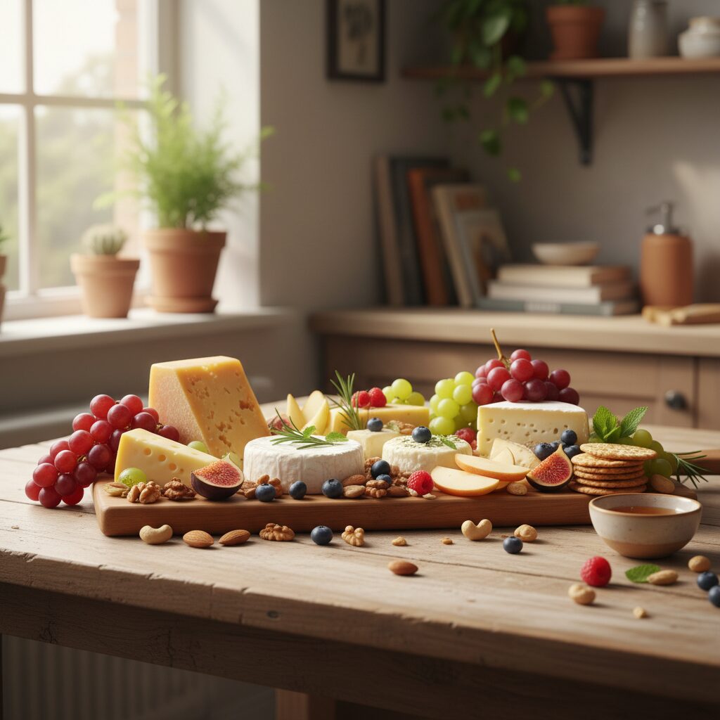집에서 간편하게 즐길 수 있는 치즈, 견과류, 과일이 담긴 플레이트
