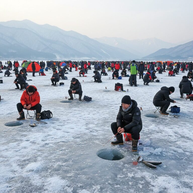 평창 송어축제 얼음낚시 현장 사람들이 얼음 위 구멍에서 낚시하는 모습