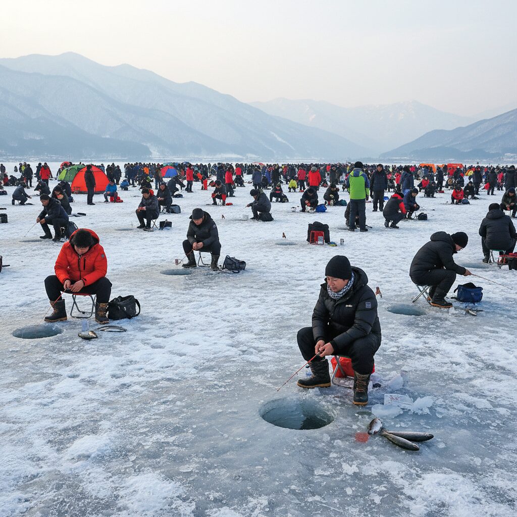 평창 송어축제 얼음낚시 현장 사람들이 얼음 위 구멍에서 낚시하는 모습