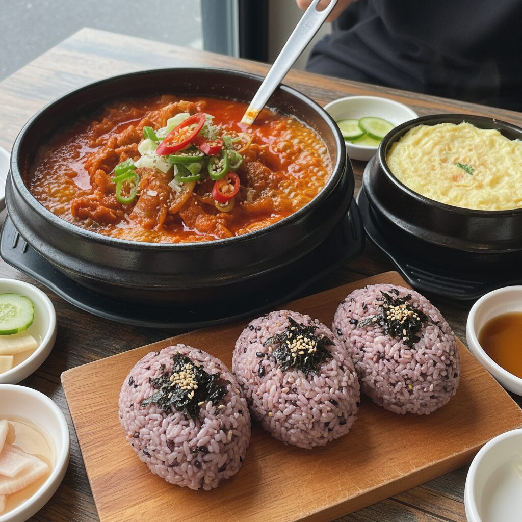 지안정 대표 메뉴 국물닭발과 흑미 주먹밥 계란찜 세트