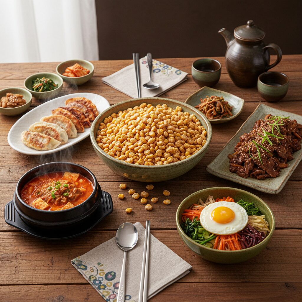 지안정 기본 안주 강냉이와 다양한 한식 메뉴 목록