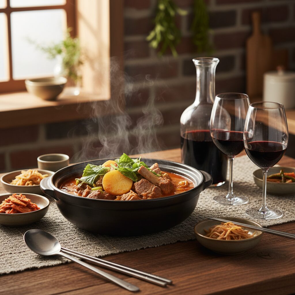 감자탕과 레드 와인이 함께 있는 테이블