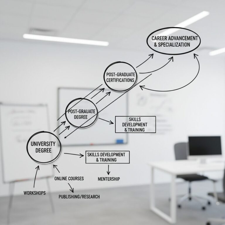평생 학습 경로를 보여주는 다이어그램, 학위 취득 후 자격증 준비와 직무 발전으로 이어지는 화살표