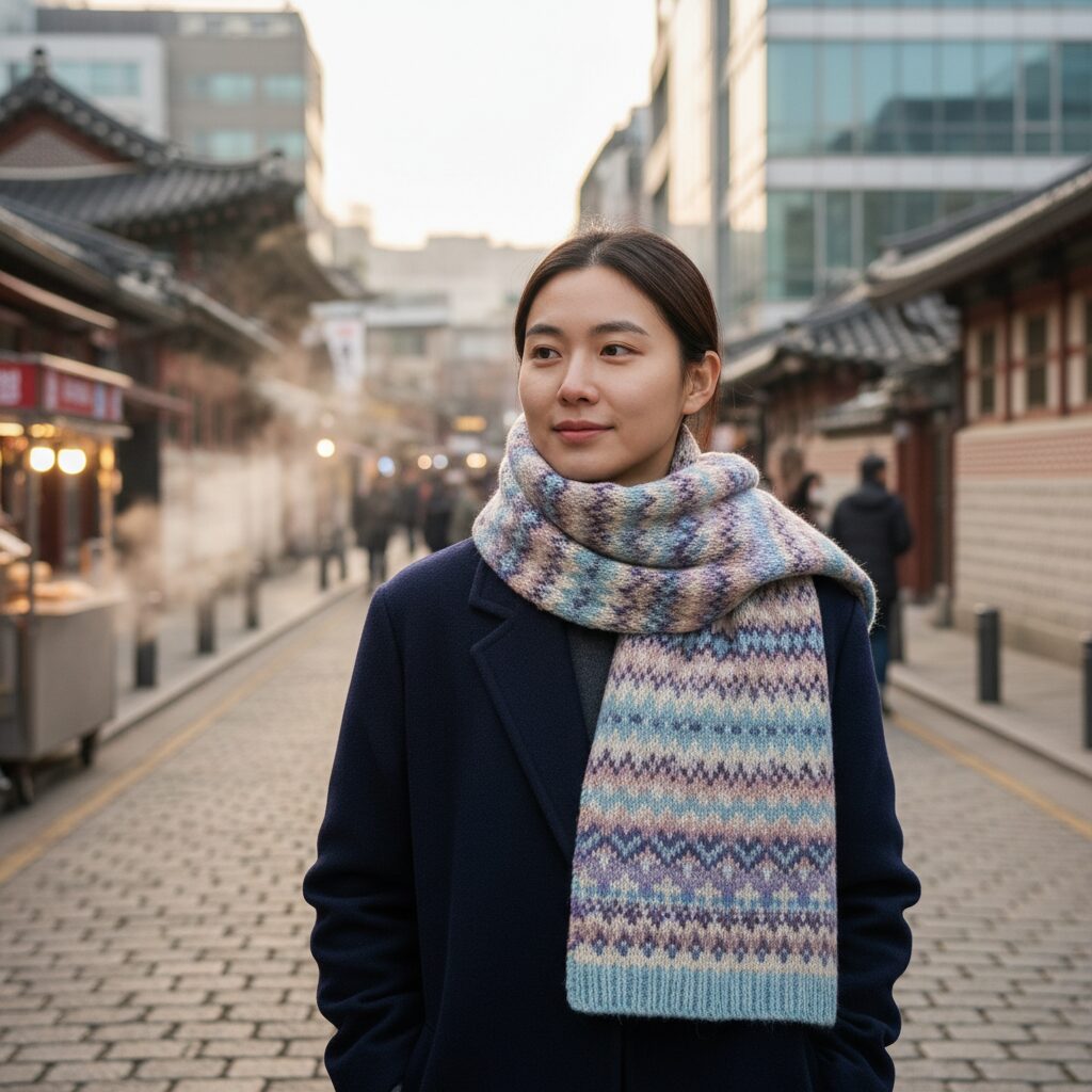 로버트매키 파스텔 페어아일 패턴 스카프를 네이비 코트에 매치한 사진