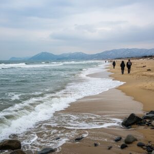 겨울의 망상해수욕장 파도와 조용한 해변 풍경