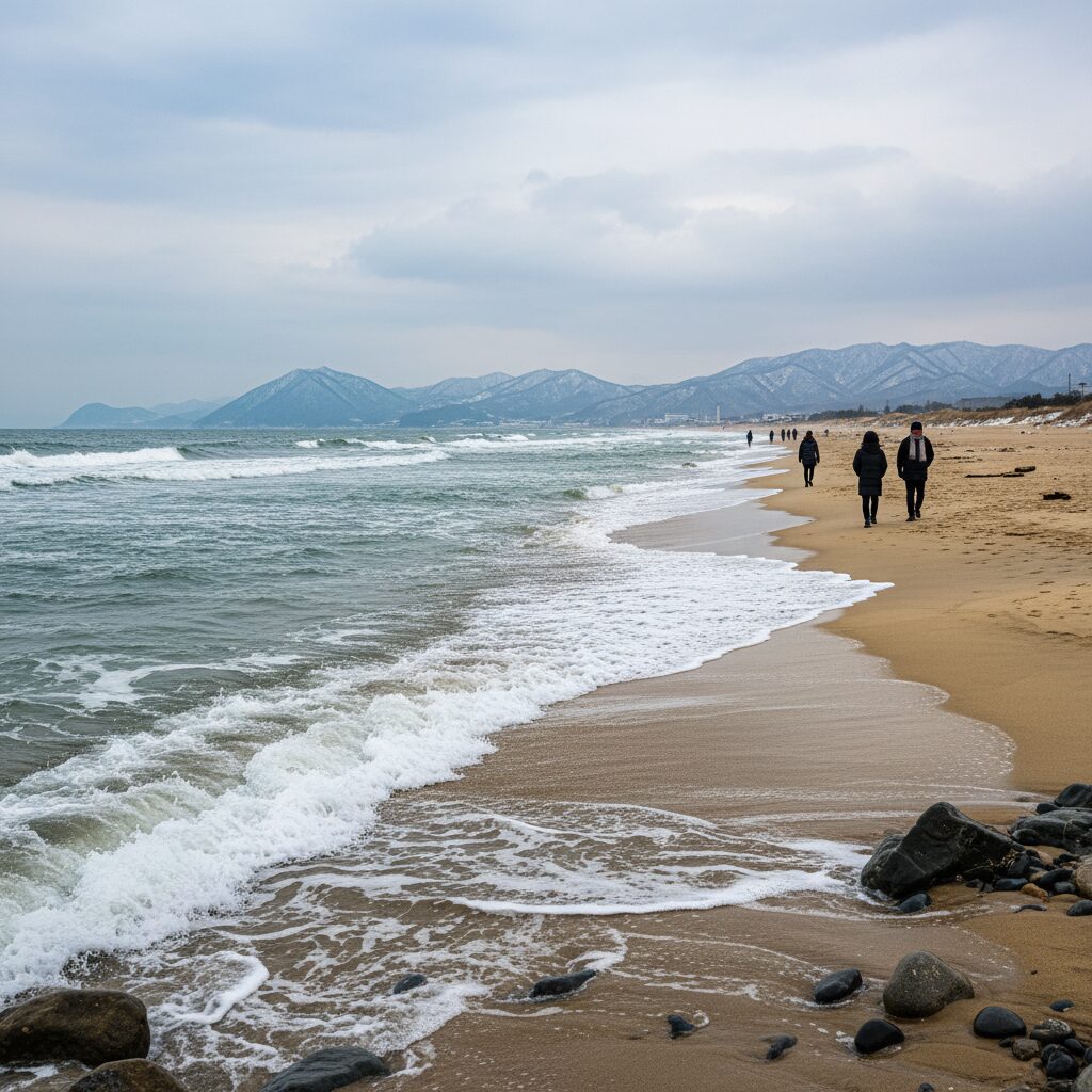 겨울의 망상해수욕장 파도와 조용한 해변 풍경