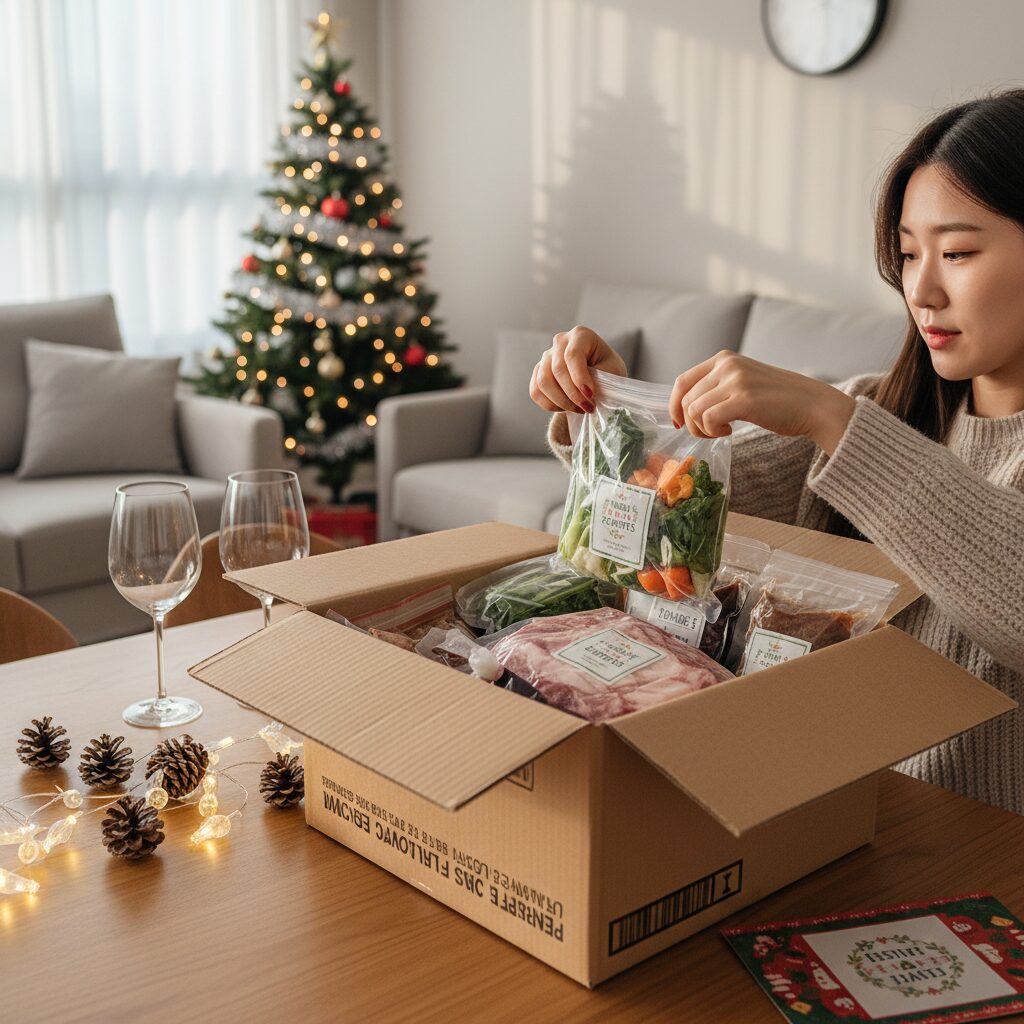 택배 박스로 배송된 연말 홈파티 밀키트를 열어보는 모습