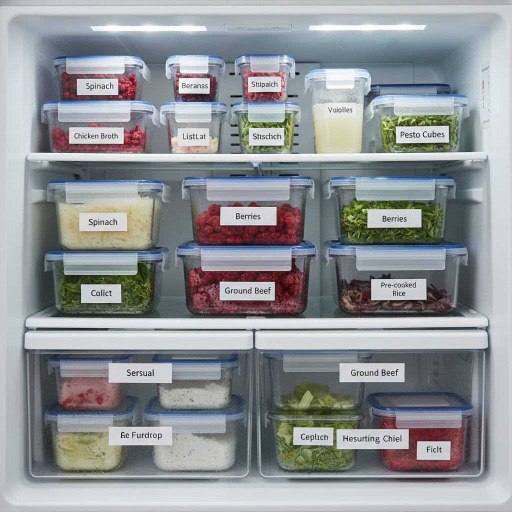 정리정돈된 냉동실 안에 라벨이 붙은 다양한 밀폐용기가整齐하게摆放되어 있음