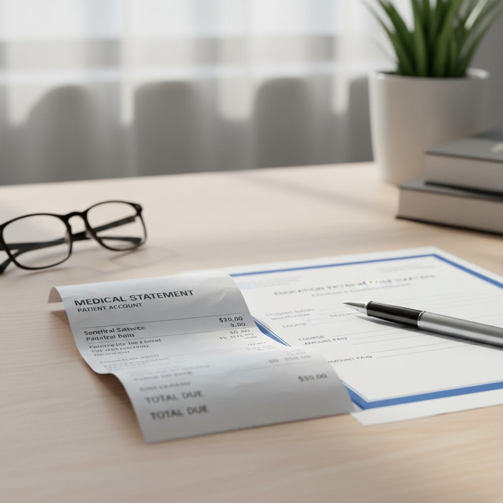 병원 진료비 영수증과 교육비 납부 확인서가 놓여진 사진