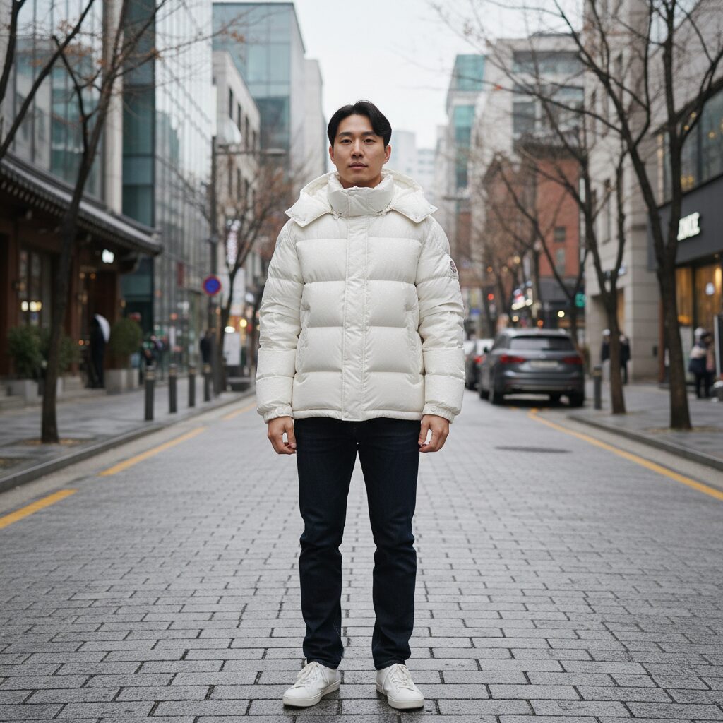 몽클레어 라이체퍼 숏패딩 겨울 필수 아우터 스타일링 1 몽클레어 라이체퍼 화이트 패딩 정면 착용 사진