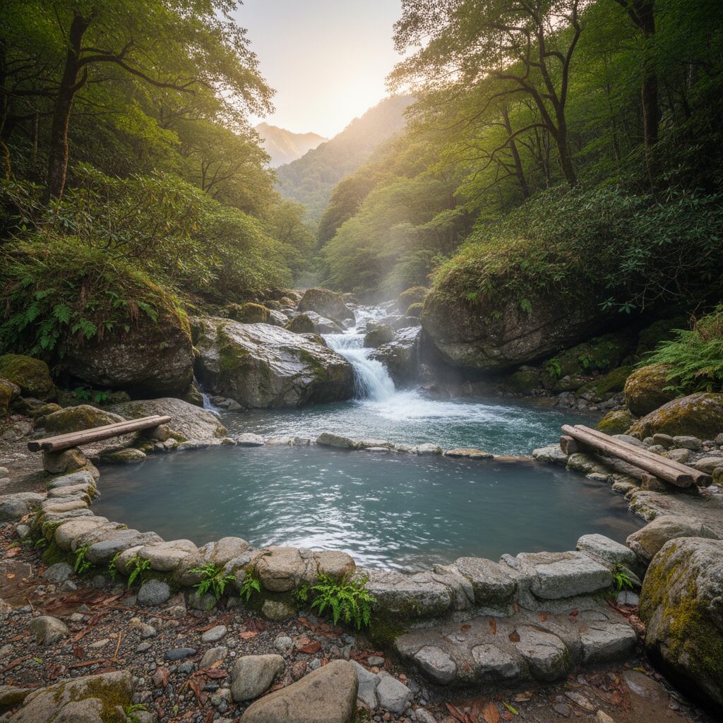 국내 온천 총정리 겨울 힐링의 완성 2 산속 계곡가에 위치한 노천 온천 전경