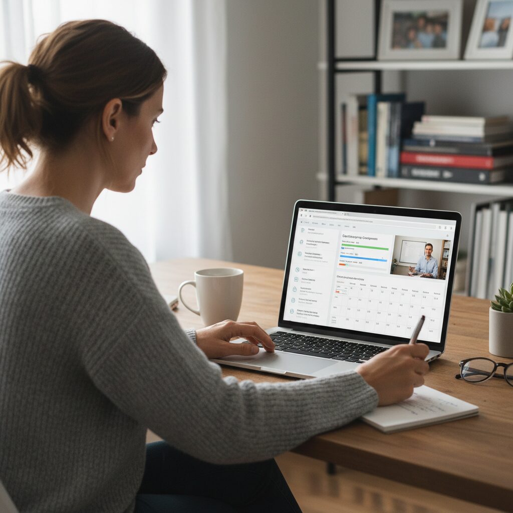 노트북으로 온라인 강의를 수강하는 직장인의 모습, 화면에는 학습 관리 시스템이 표시됨