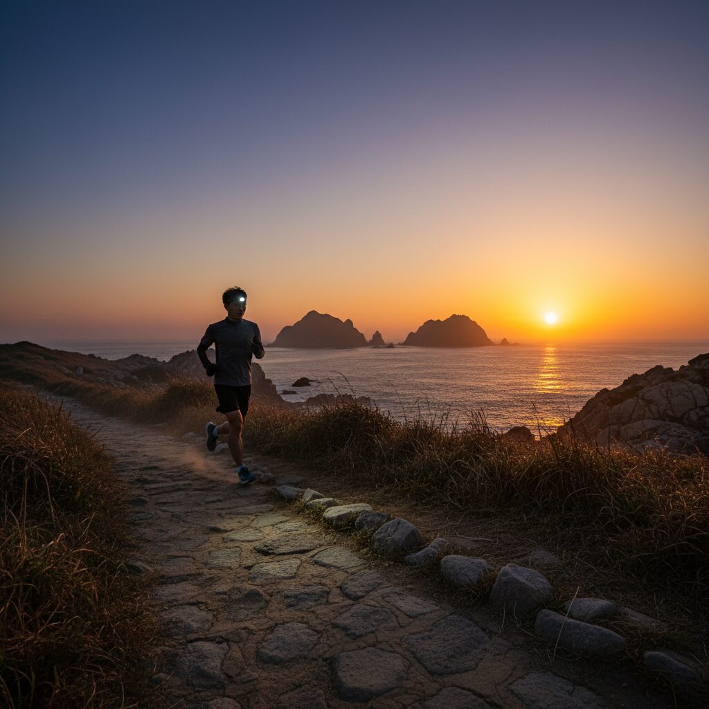 부산 오륙도 해맞이공원에서 헤드랜턴을 밝히고 달리는 러너의 실루엣과 배경의 일출