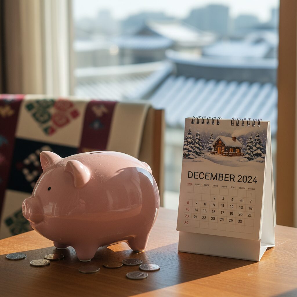 12월 달력 옆에 놓인 돼지저금통