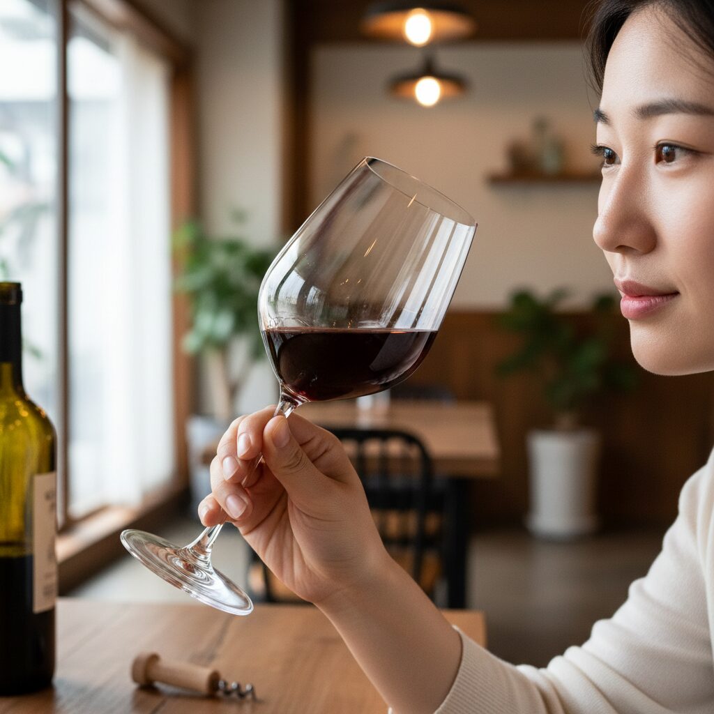 손에 들고 있는 피노 누아 와인 글라스를 기울여 색을 살펴보고 있음