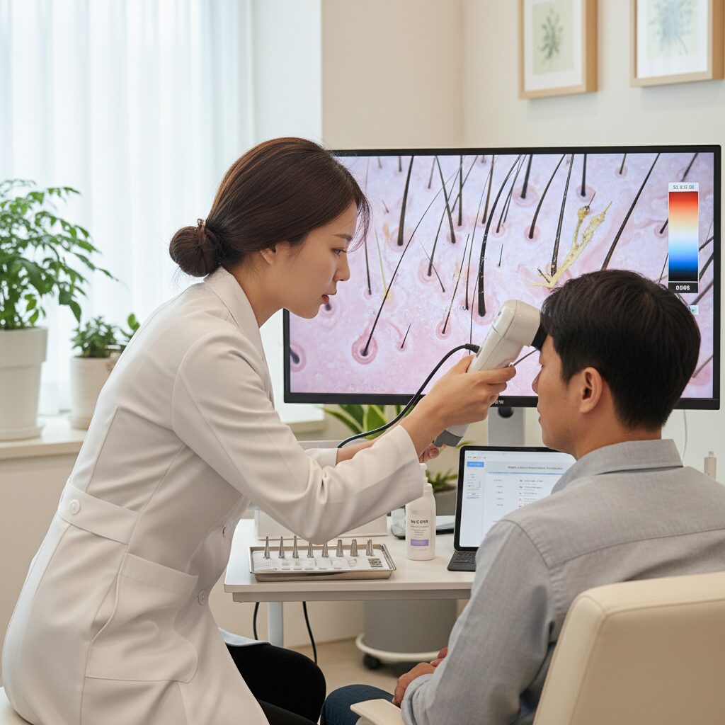 전문가가 두피 현미경 진단으로 탈모 원인을 상담하는 모습