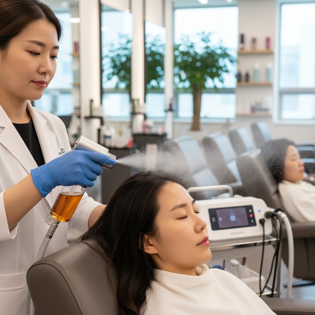 네블라이저 기계로 두피에 영양을 공급하는 탈모 관리 장면
