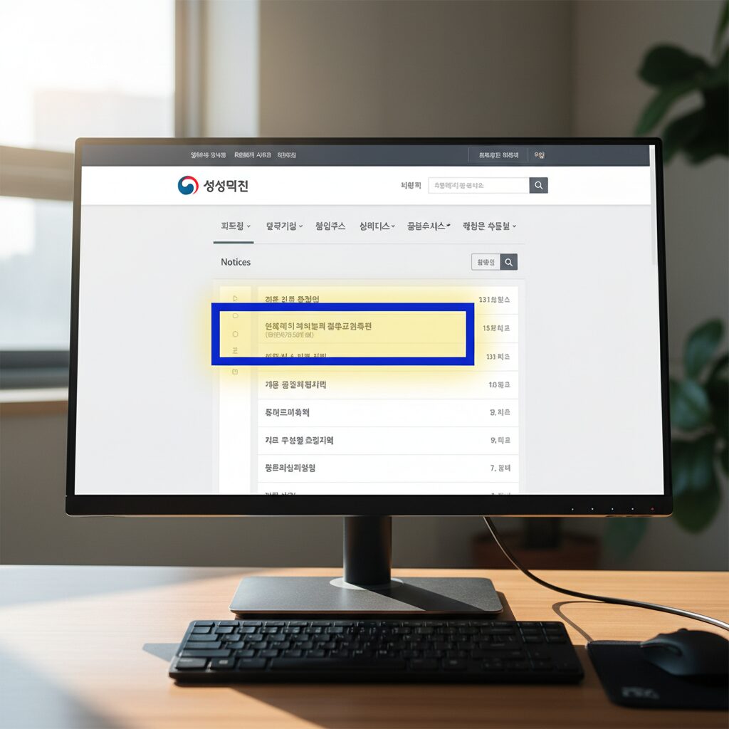 성동구청 홈페이지 공지사항 화면, 청년 행정체험단 모집 공고문 강조 표시