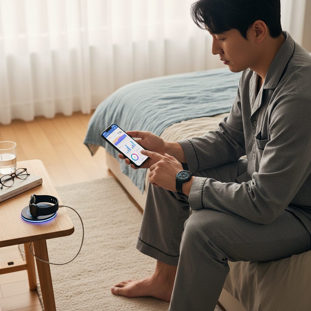 침대 옆에서 스마트워치를 충전하며 수면 데이터를 확인하는 모습