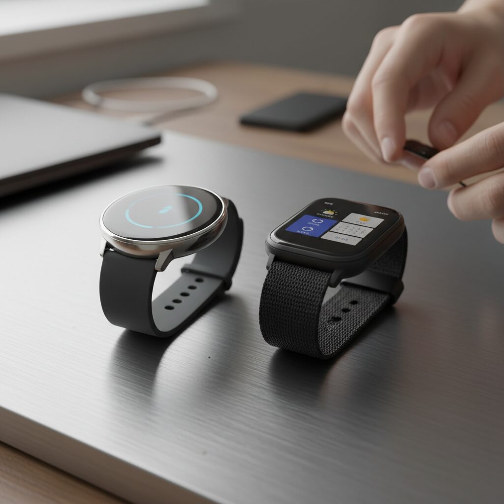 원형과 사각형 디자인의 스마트워치 두 대가 나란히 놓인 모습