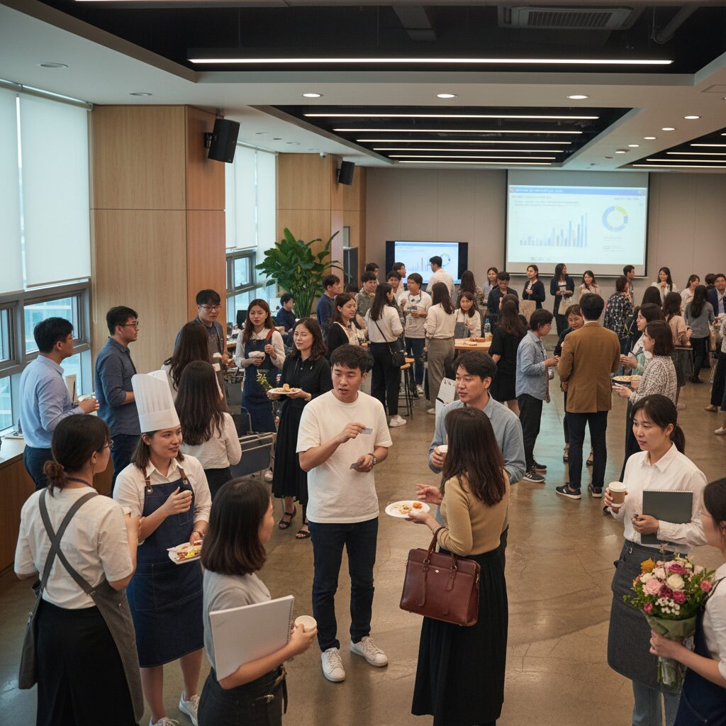 강동구 소상공인 네트워킹 행사, 다양한 업종 사업자들이 모여 이야기 나누는 모습