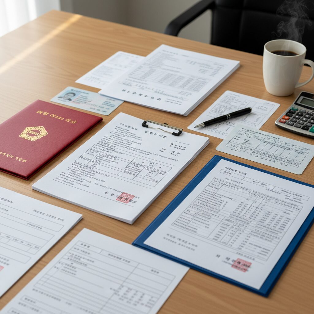 강동구 소상공인 대출 신청 서류 정리, 책상 위에 정렬된 각종 증명서와 서류들