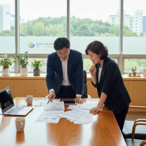 강동구 소상공인 대출 상담 장면, 상담사와 사업자가 서류를 보며 이야기 나누는 모습