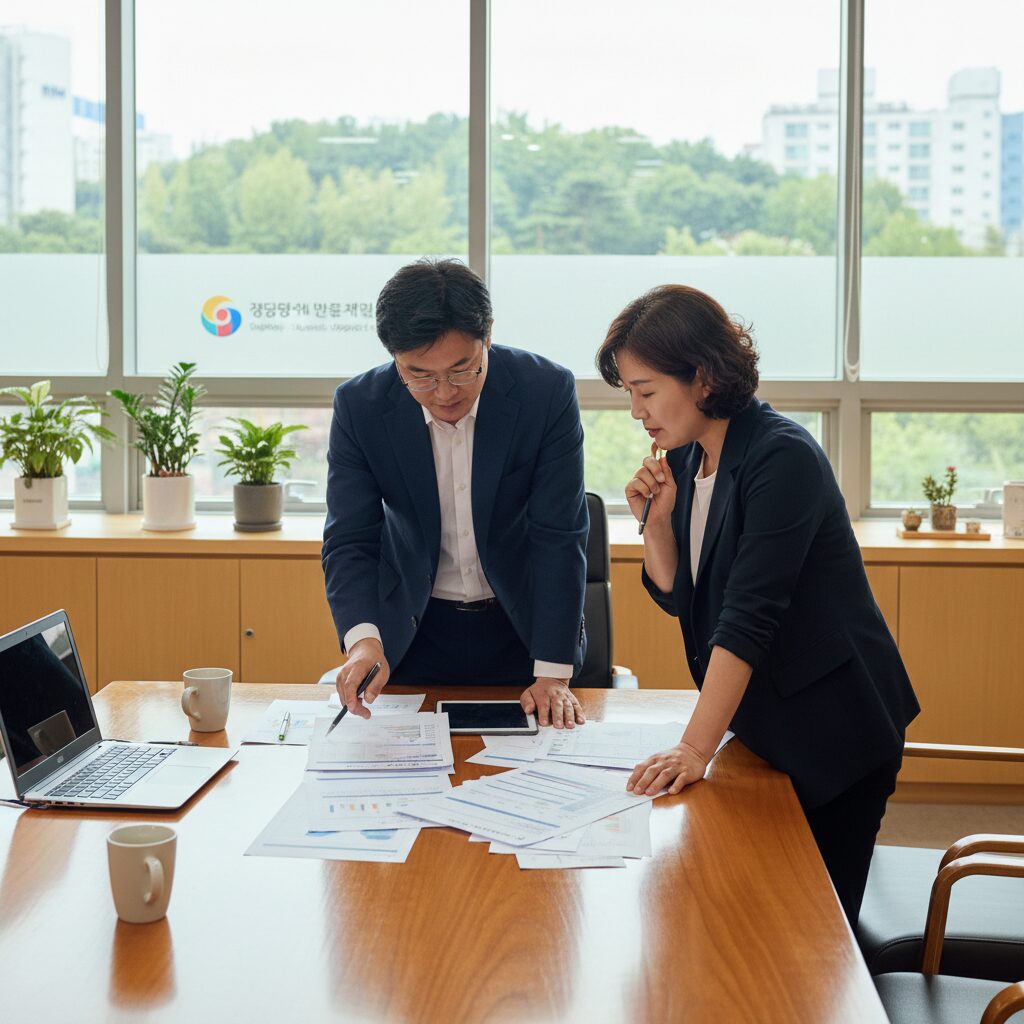 강동구 소상공인 대출 상담 장면, 상담사와 사업자가 서류를 보며 이야기 나누는 모습