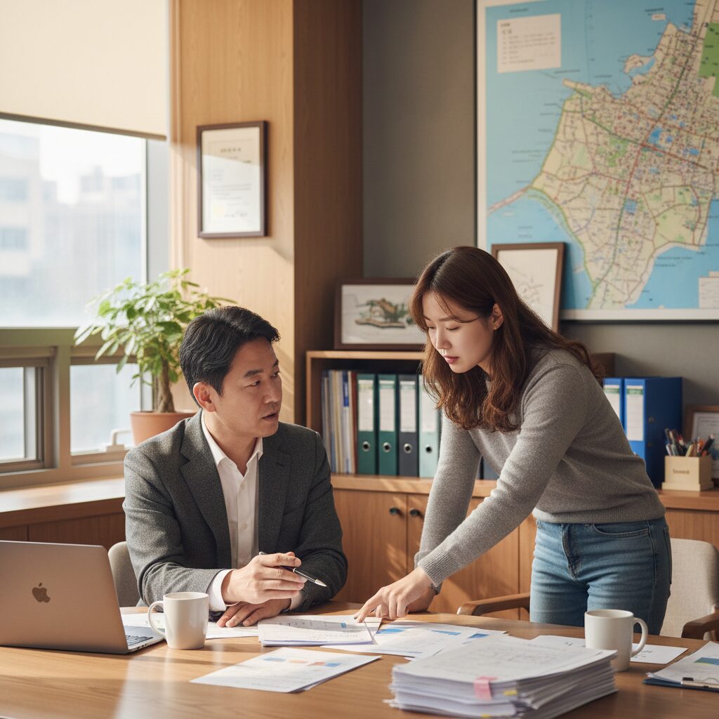 강동구 소상공인 대출 상담 장면, 상담사와 사업자가 서류를 보며 이야기 나누는 모습