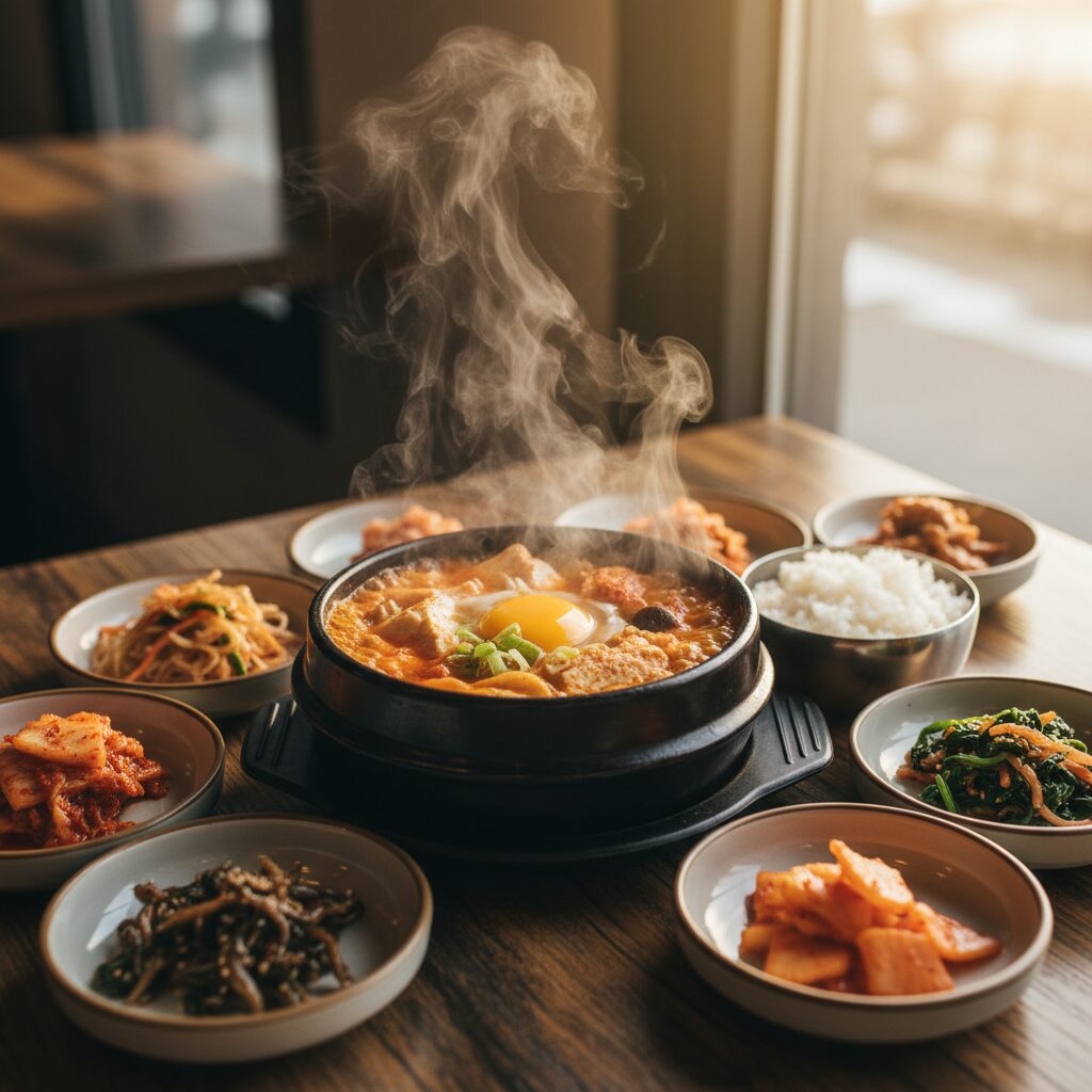 겨울에 먹기 좋은 뜨거운 순두부전골과 다양한 반찬