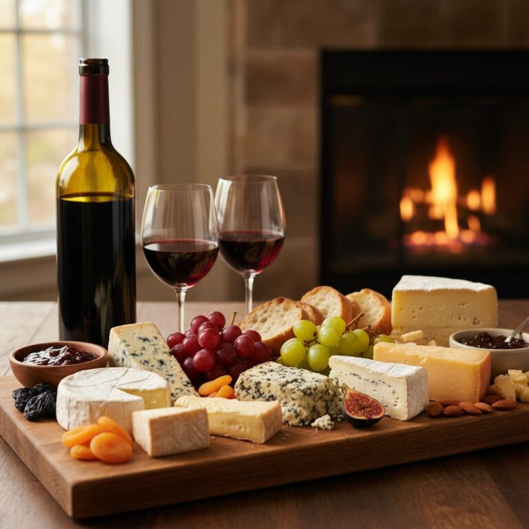 레드 와인과 다양한 치즈가 놓인 치즈 보드