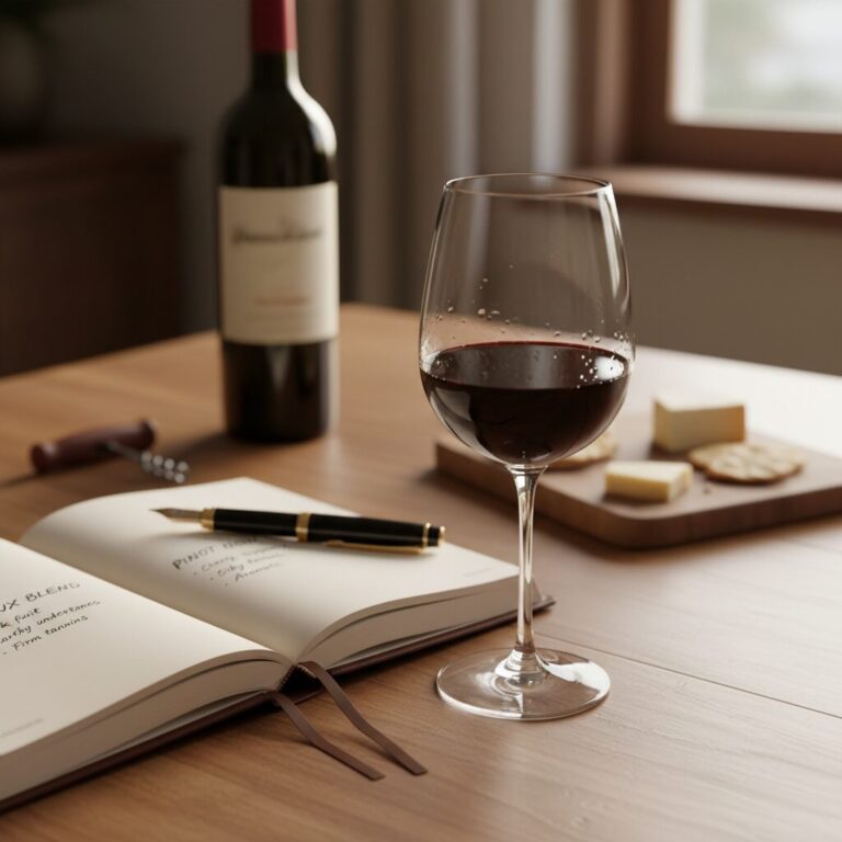 펜과 수첩 옆에 와인 글라스가 놓여 있고 수첩에는 와인 이름과 느낌이 적혀 있음