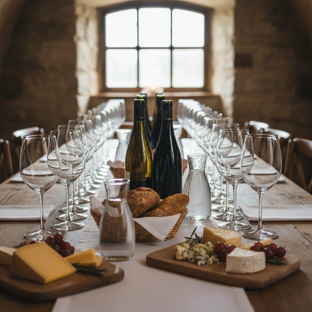 와인 테이스팅 준비된 테이블 위에 여러 와인 글라스와 물병 빵 치즈가 놓여 있음