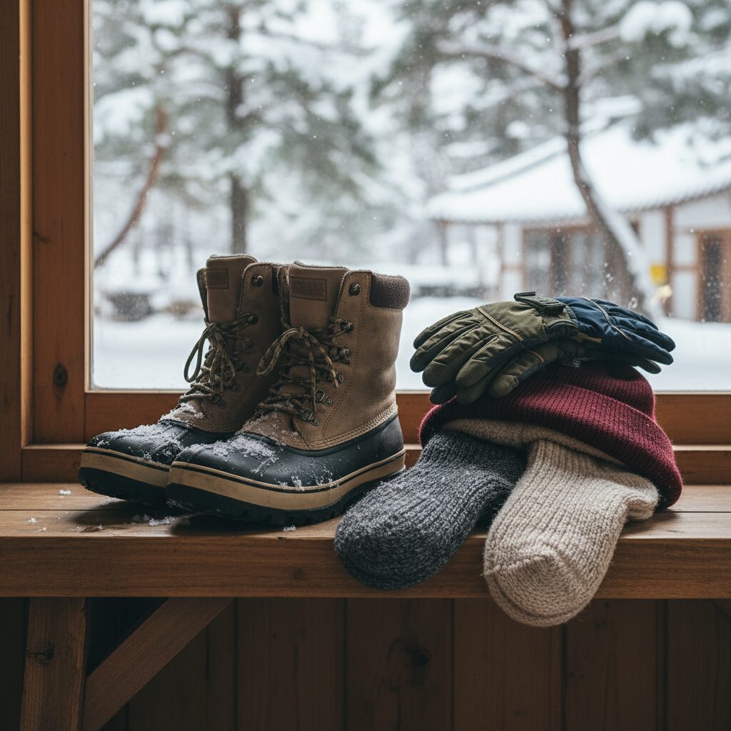 겨울 방한 준비물 목록 방수 신발 두꺼운 양말 장갑 모자