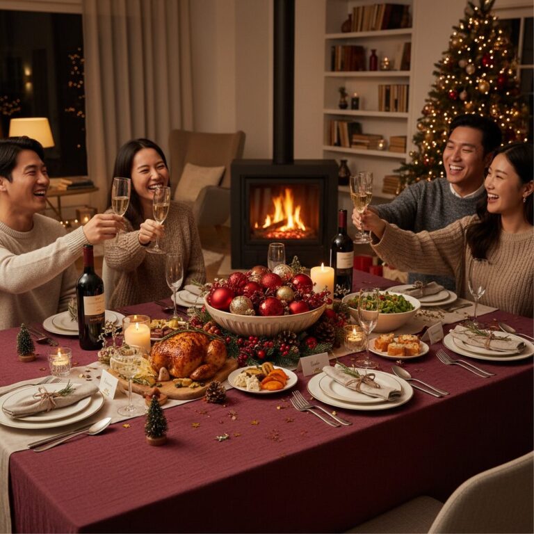 연말 분위기의 홈파티 테이블 세팅 장면